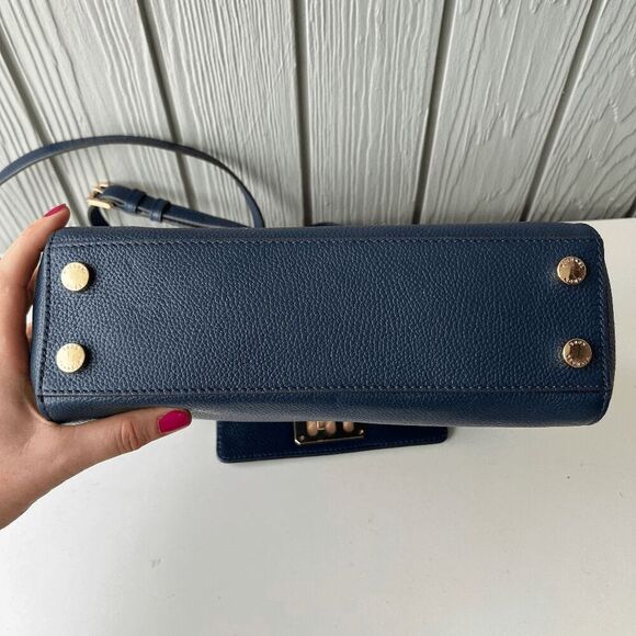 Michael Kors Navy Leather Satchel Crossbody Bag Gold Hardware Top Handle - Picture 13 of 15